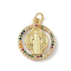Разноцветный Латунь микропаве фианиты с подвесками-ракушками, плоские круглые с святым Бенедиктом, долговечный, без свинца и без кадмия, стойки покрытие, с целью перехода в кольце, реальный 18 k позолоченный, красочный, 19.5x17x3.5 мм, отверстие : 3 мм
