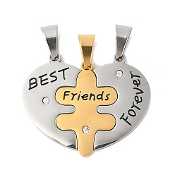 Золотой & Цвет Нержавеющей Стали 304 кулон из нержавеющей стали со стразами., ионное покрытие (ip), сердце, лучшие друзья навсегда, золотые и нержавеющая сталь цвет, 31x37x2.5 мм, отверстие : 8x4.5 мм