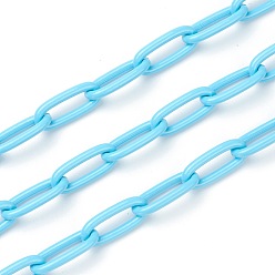 Sky Blue Eco-friendly Spray Painted Handmade Brass Paperclip Chains, Soldered, with Spool, Sky Blue, 17x8x2mm, 32.8 feet(10m)/roll