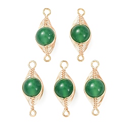 Зеленый агат Круглые соединительные подвески из натурального зеленого оникса-агата (окрашенного и обработанного термической обработкой) с медной проволочной обмоткой в виде елочки., золотые, долговечный, 23.5~24x8~8.5x9 мм, отверстие : 1.6~2 мм