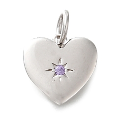Лиловый 925 Прозрачное серебро с микропаве из прозрачного кубического циркония, сердце, с целью перехода в кольце, платина, сирень, 10x10.5x1.5 мм