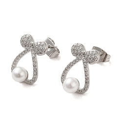 Platinum Bowknot Brass Micro Pave Clear Cubic Zirconia Stud Earrings, with Imitation Pearl for Women, Platinum, 15x10mm