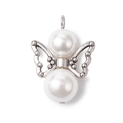 Платина Подвески из круглого белого жемчуга, подвески ангелов с крыльями из сплава, платина, 25x18x10 мм, отверстие : 2 мм