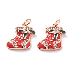 Rose Gold Brass Micro Pave Clear Cubic Zirconia Pendants, with Red & Green Enamel & Jump Rings, Long-Lasting Plated, For Christmas, Stocking, Rose Gold, 14.5x15.5x2.5mm, Hole: 3mm, Jump Ring: 5x1mm