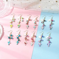 Золотой 304 крест из нержавеющей стали с синтетической бирюзой и подвесными серьгами в виде луны и звезды, золотые, золотые, 71x16~17 мм, 6 пар / набор