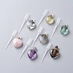 Смешанные камни Кулоны для духов из натуральных драгоценных камней, с 304 выводами из нержавеющей стали и пластиковыми пипетками для переноса, сердце, 37.5~38x25~25.5x11~12 мм, отверстие : 1.6 мм, 1 шт / комплект, емкость: 2.5 мл (0.08 жидких унций)