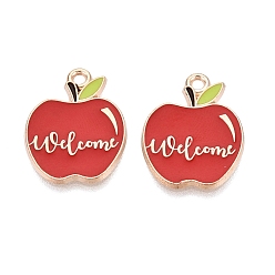 FireBrick Back to School Alloy Enamel Pendants, Apple & Word Welcome Charms, Light Gold, FireBrick, 20.5x16x1mm, Hole: 1.6mm