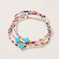 Темно-Голубой 3 Браслет из эластичной ткани с подвеской в виде богемного креста, выполненный из стеклянных и латунных бусин, для женщин., глубокое синее небо, 6.50 дюйм (16.5 см)