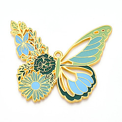 Светло-зеленый Подвески из эмалированного сплава с гальванопокрытием, без кадмия, без никеля и без свинца, бабочка с цветочными подвесками, золотые, светло-зеленый, 55x66.5x2 мм, отверстие : 2.5 мм