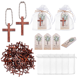 (52) Непрозрачная лаванда Наборы для изготовления кулонов из дерева в виде креста схимы своими руками, включают цепи из железных шариков, бумажные поздравительные открытки с благодарностью, органза упаковочные мешочки с завязками, 10джутовый шнур, разноцветные, 40x29x4.5 мм, отверстие : 2 мм