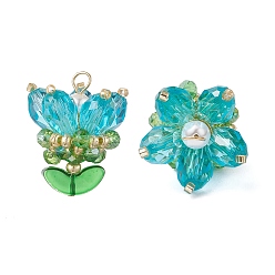 Темно-Голубой Прозрачные стеклянные подвески, цветочный шарм, со стеклянными жемчужными бусинами и 304 петлями из нержавеющей стали, глубокое синее небо, 29.5x23x22 мм, отверстие : 4x2.5 мм