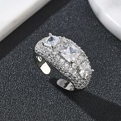 Прозрачный Латунные микропаве кубические цирконии манжеты открытые кольца для женщин, долговечный, стойки покрытие, платина, прозрачные, 12.5 мм, размер США 8 1/2 (18.5 мм)