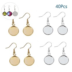 Mixed Color Brass Earring Hooks, with Blank Pendant Trays, Flat Round Setting for Cabochon, Mixed Color, Tray: 14x2mm, Pin: 0.8mm, 20pcs/color, 40pcs/set