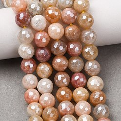 Golden Silk Jade Нити из натурального золотистого шелкового нефрита с гальваническим покрытием, круглые, граненые, гальваническое покрытие, 8~8.5 мм, отверстие : 1~1.2 мм, около 47 шт / нитка, 15.08''~15.35'' (38.3~39 см)