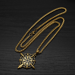Antique Golden Vintage 304 Stainless Steel Viking Compass Pendant Necklaces for Men, Antique Golden, 23.62 inch(60cm)