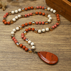 Красный Камень Кулон в форме капли из натуральной красной яшмы, круглые камни и кубические стеклянные бусины, длинные ожерелья для женщин, 29.92 дюйм (76 см)