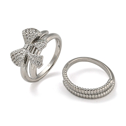 Платина Двойные кольца из латуни с бантом и микро-паве с прозрачным фианитом, для женщин, без кадмия и без свинца, платина, внутренний диаметр: 19.2 мм, бант : 14.5x17 мм, 2 шт / комплект