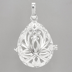 Серебро Подвески из латуни, для ожерелья, полые слезы с цветком, серебряные, 36x27x21 мм, отверстие : 9x3.5 мм, внутренней меры: 28x20 мм