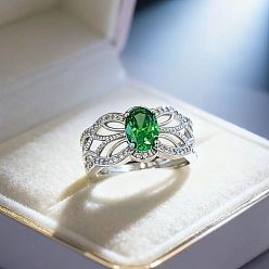 Зеленый Латунные микро проложить пальцев кольца кубического циркония, овальные, платина, зелёные, внутренний диаметр: регулируемый