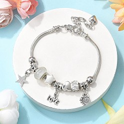 Прозрачный Латунные европейские бусины браслеты с подвесками, платиновые браслеты-змейки для женщин, звезда и сердце и слово любовь, cmолой, прозрачные, 7-7/8 дюйм (20 см)