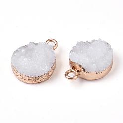 White Electroplate Druzy Resin Pendants, with Iron Findings, Flat Round, Light Gold, White, 17~18x13.5x6mm, Hole: 1mm