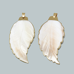 Seashell Color Electroplate Freshwater Shell Big Pendants, with Brass Findings, Leaf, Golden, Seashell Color, 64~66x30~32x3mm, Hole: 4x3mm