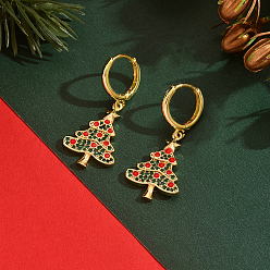 Золотой Серьги-кольца в форме елки из латуни, с кубического циркония, с эмалью, золотые, 37x16 мм