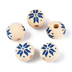 Морской Синий Рождественские деревянные бусины сима, окрашенные распылением, круглый с рисунком снежинки, печатные бисера, Marine Blue, 15.5~16x15 мм, отверстие : 4~5 мм
