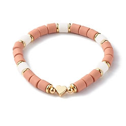 Camel Handmade Polymer Clay Beads Stretch Bracelets, with Brass Beads, Heart, Camel, Inner Diameter: 2~2-1/8 inch(5.2~5.3cm)