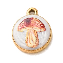 Golden Printed 304 Stainless Steel Pendants, with Enamel, Round with Mushroom Pattern Charms, Golden, 18.5x15x4mm, Hole: 1.8mm