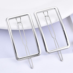 Platinum Alloy Hollow Geometric Hair Pin, Ponytail Holder Statement, Hair Accessories for Women, Cadmium Free & Lead Free, Rectangle, Platinum, 51x29mm, Clip: 66mm long