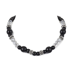 Black Natural Wood & Glass Round Beaded Necklace, Black, 20.94 inch(53.2cm)