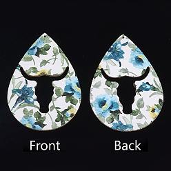 Colorful PU Leather Big Pendants, Teardrop with Bull, Colorful, 69.5x48x2mm, Hole: 1.5mm