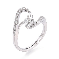 Платинированный Латунные микро-паве прозрачные кубические цирконии регулируемые настройки колец, за половину пробурено бисера, без кадмия, без никеля и без свинца, Реальная платина, штифты : 1 мм, 15.6 мм, размер США 7 1/4 (17.5 мм)