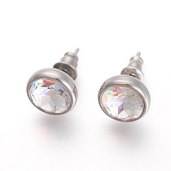 Свет Азора 304 из нержавеющей стали серьги, со стразами, плоско-круглые, свет Azore, 10x6 мм , штифт: 0.9 мм