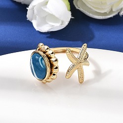 Морская звезда 304 открытые манжеты из нержавеющей стали для женщин, с синтетическими бирюзовый, золотые, морская звезда, размер США 8 3/4 (18.7 мм)