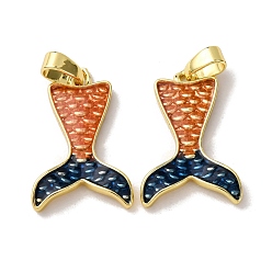 Оранжевый Латунь эмаль подвески, подвески в форме рыбьего хвоста русалки, реальный 18 k позолоченный, оранжевые, 19x12.5x2 мм, отверстие : 4x2.5 мм