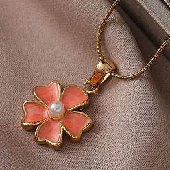 Коралловый 304 Женские ожерелья с подвесками в виде цветов из эмали из нержавеющей стали и искусственного жемчуга, золотые, коралл, 15.75 дюйм (40 см)