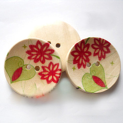 Colorful Painted 2-hole Button with Small Broken Flowers, Wooden Buttons, Colorful, about 30mm in diameter, hole: 3mm