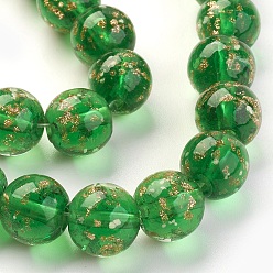 Green Handmade Gold Sand Lampwork Beads Strands, Luminous, Round, Green, 12mm, Hole: 1.4mm, about 33pcs/strand, 14.3 inch(40cm)