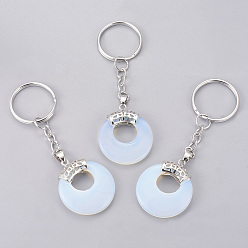 Опал Брелок из опалита, с металлизированными кольцами из платины и латунными находками, плоско-круглые, 84 мм