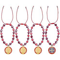 Red 4Pcs Alloy Enamel Charm Bracelets, Glass Bead Braided Bead Bracelets for Women, Oval with Cross , Red, Inner Diameter: 2~3-1/8 inch(5~8cm)