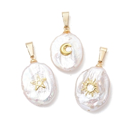 Mixed Shapes 3шт. 3 стили подвесок в виде монет из натурального барочного жемчуга кеши, овальные подвески с элементами из сплава, имитирующими луну, звезду и солнце, и 304 застежки-крючки из нержавеющей стали., золотые, белые, разнообразные, 20~22x14~15x4~7 мм, отверстие : 5x2 мм, 1 шт / стиль