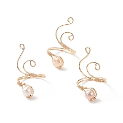 Light Gold Copper Wire Wrapped Natural Freshwater Pearl Cuff Rings for Women, Light Gold, 2.5~39.5mm, Inner Diameter: 20mm