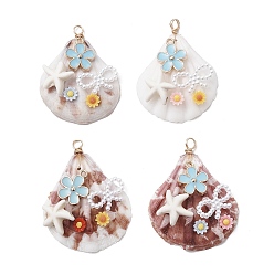 Золотой Подвески-бантики из натуральной ракушки гребешка, цветка из смолы и искусственного жемчуга из АБС-пластика, с петлями из медной проволоки, золотые, 43~46.5x33~37x10~11 мм, отверстие : 3.5~4 мм