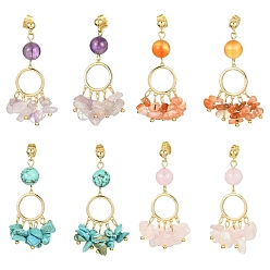 Mixed Stone 4 Pair 4 Style Golden Brass Ring Chandelier Earrings, Natural & Synthetic Mixed Gemstone Chips Drop Earrings, 46~48mm, 1 Pair/style
