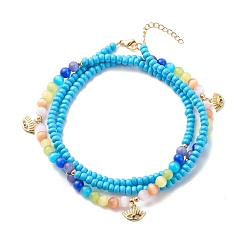 Deep Sky Blue Glass Seed & Cat Eye Waist Beads, Brass Evil Eye Charm Belly Chains for Women, Deep Sky Blue, 31.69 inch(80.5cm)
