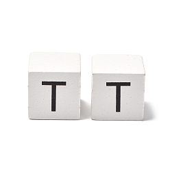 Letter T Древесина европейского бисера, бусины с большим отверстием, куб с письмом, Письмо T, 30.5x30.5x29.5~30.5 мм, отверстие : 5 мм