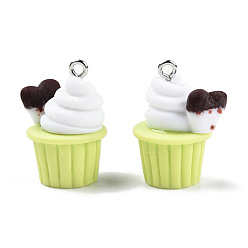 Green Yellow Opaque Resin Pendants, Imitation Food, with Platinum Plated Iron Loops, Cupcake Charm, Green Yellow, 25.5~26x18x16.5mm, Hole: 1.8mm