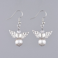 White Dangle Earrings, with Glass Pearl Round Beads, Rondelle Glass Beads, Tibetan Style Alloy Wing Beads, Brass Earring Hooks & Bead Caps, White, 38mm, Pin: 0.5mm, Pendant: 22.2x21.6x8mm
